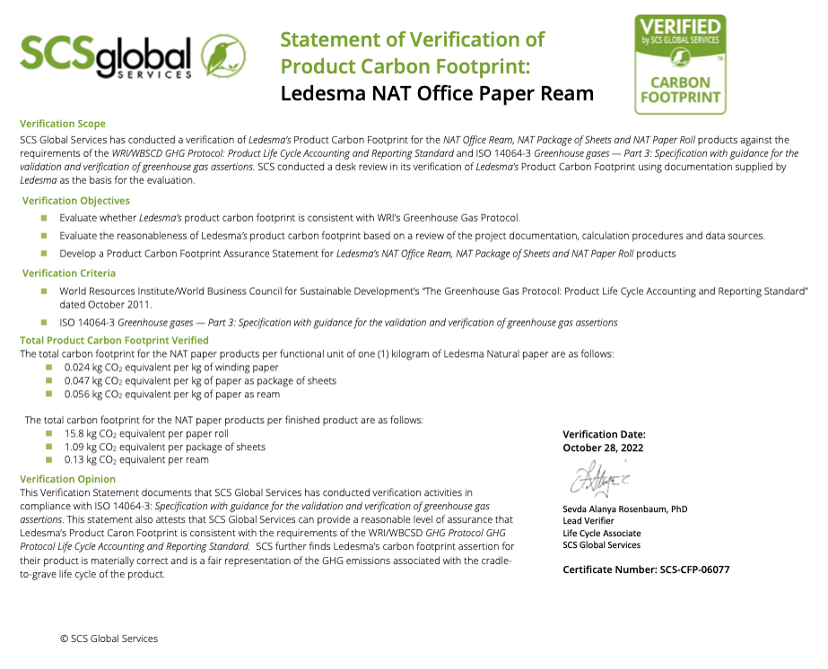 Document de certification SCS Global Services — Statement of Verification of Product Carbon Footprint, Ledesma NAT Office Paper